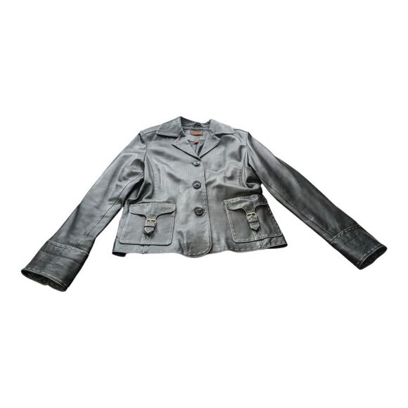 Danier black genuine leather blazer jacket white stitching accents size M - Picture 3 of 8